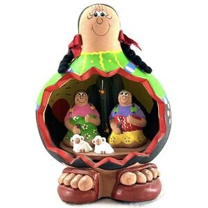 Vintage Miniature Mexican Folk Art Huarachudo Pottery Clay Hand Painted Cancun